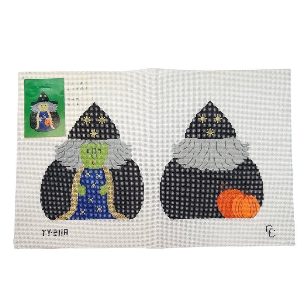 Vtg Witch Pillow Hand Painted CC Needlepoint Canvas Two Sided Halloween TT-211-A